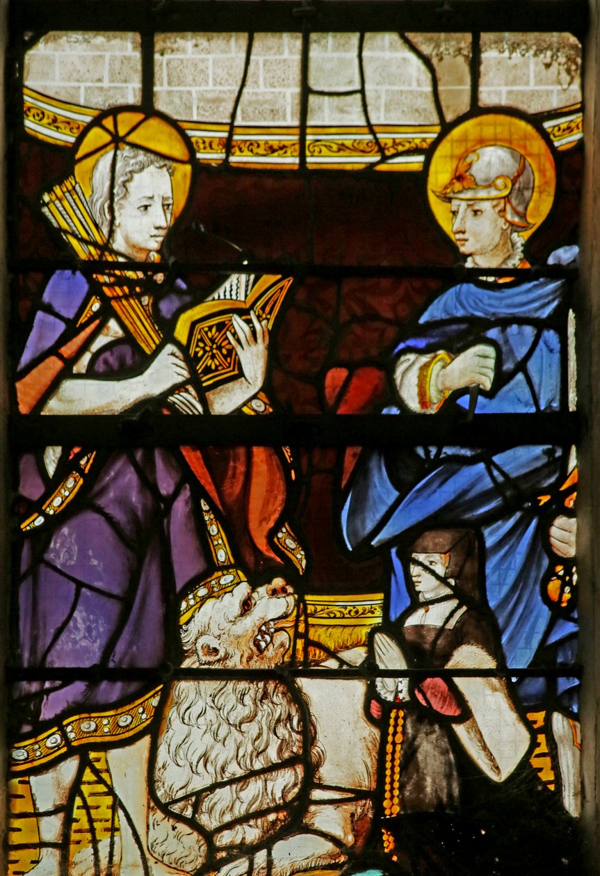 Janela representando St Sebastian e St Adrian e um doador de French School