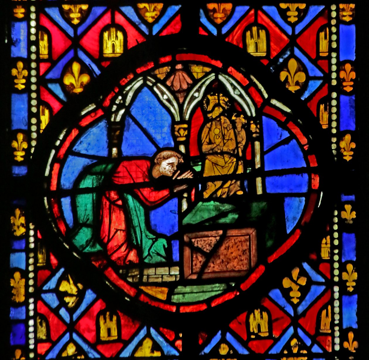 Janela, descrevendo, theophilus, antes de, um, estátua, de, mary virgem de French School