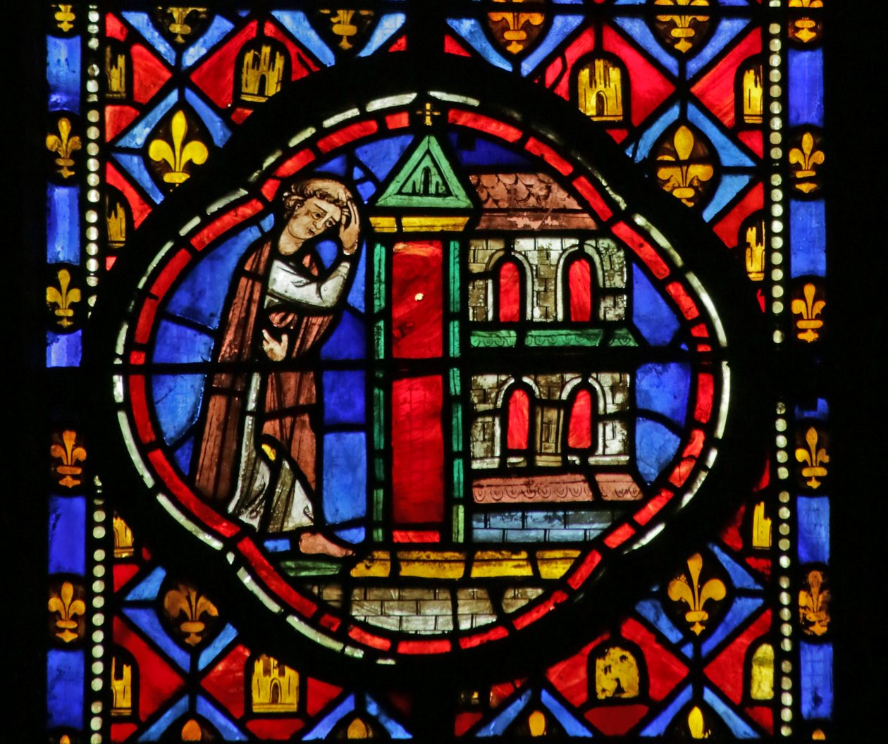 Janela retratando Theophilus construindo uma igreja de French School