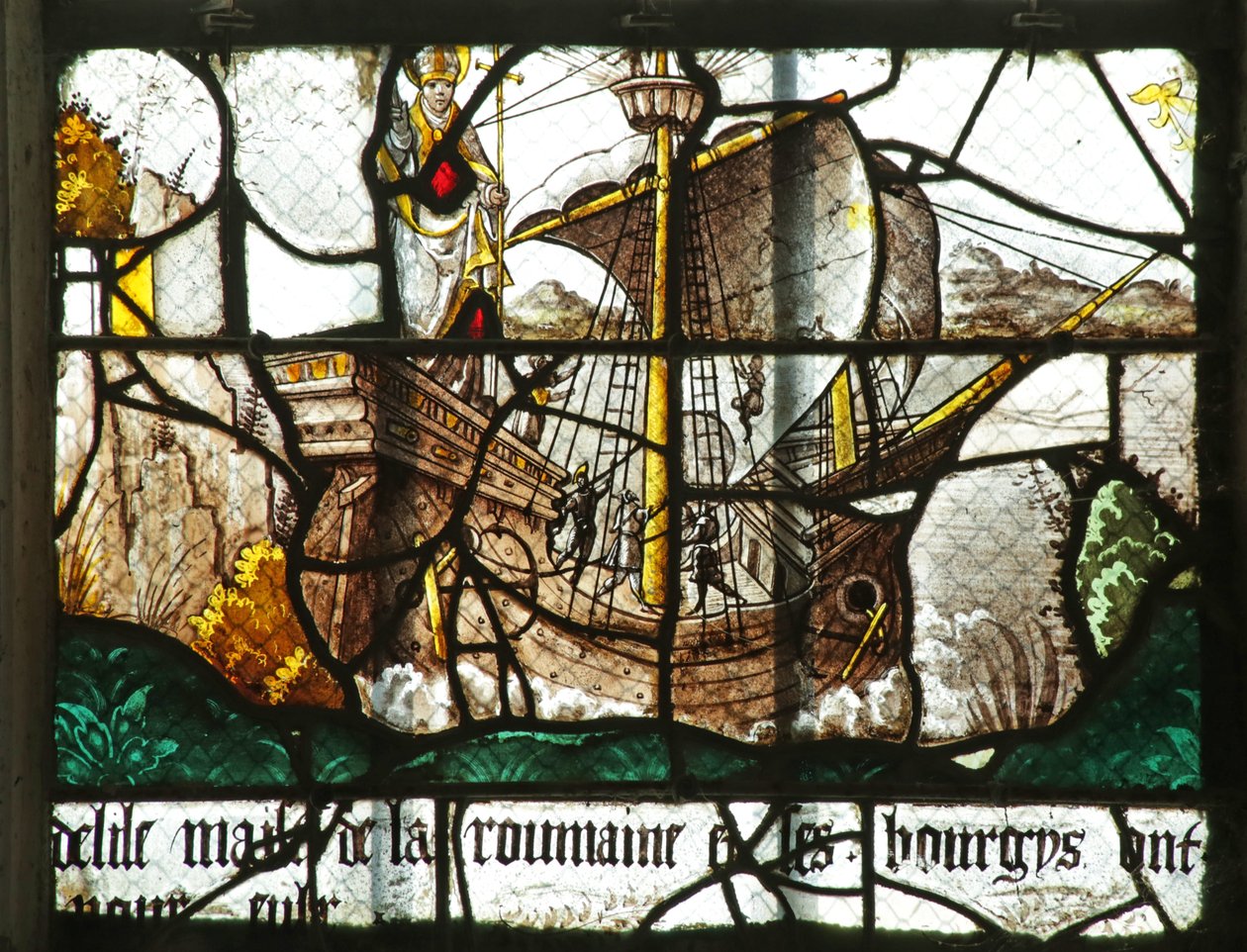 Janela retratando um barco com a estátua de São Clemente, do século XVI ao XVII de French School