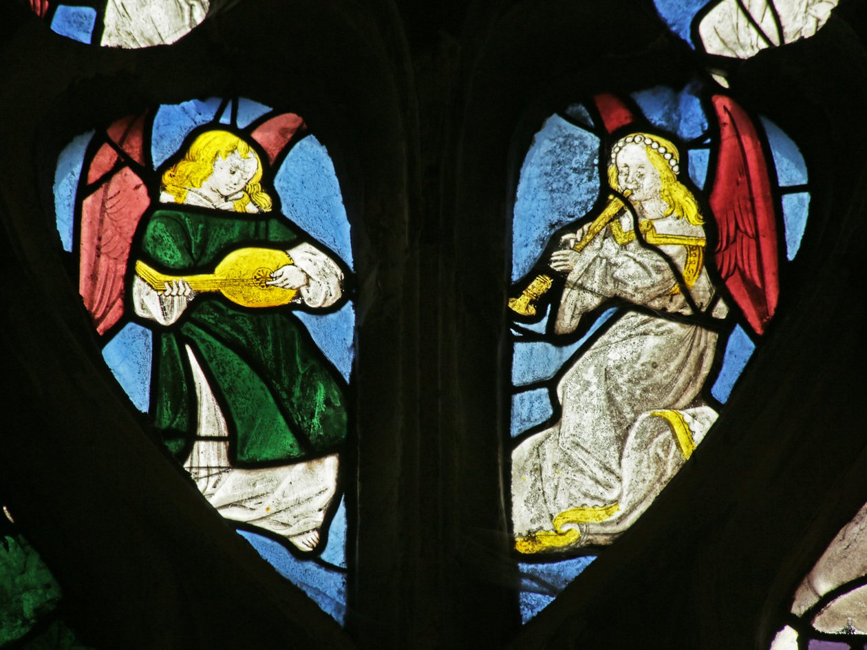 Janela retratando anjos musicais com shawm e alaúde, 1505-10 de French School