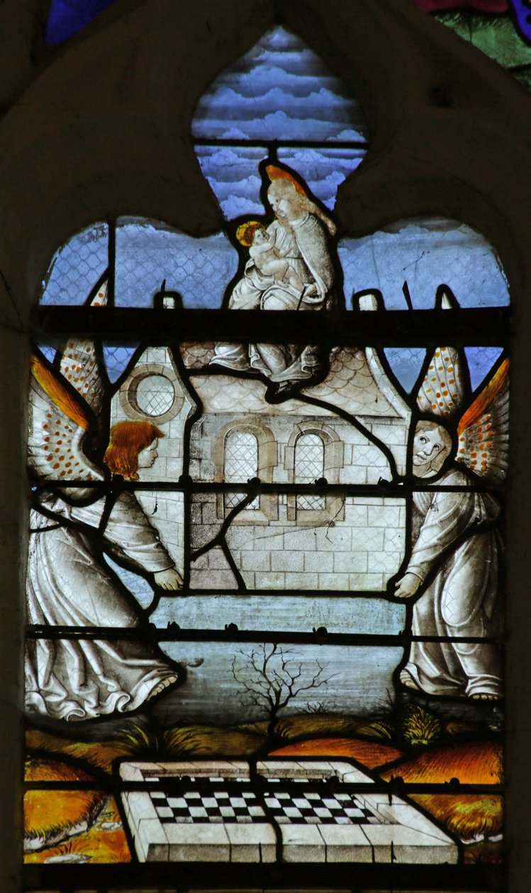 Janela retratando a lenda de Notre Dame de Lorette: a Casa das Virgens é milagrosamente transportada pelos anjos de French School
