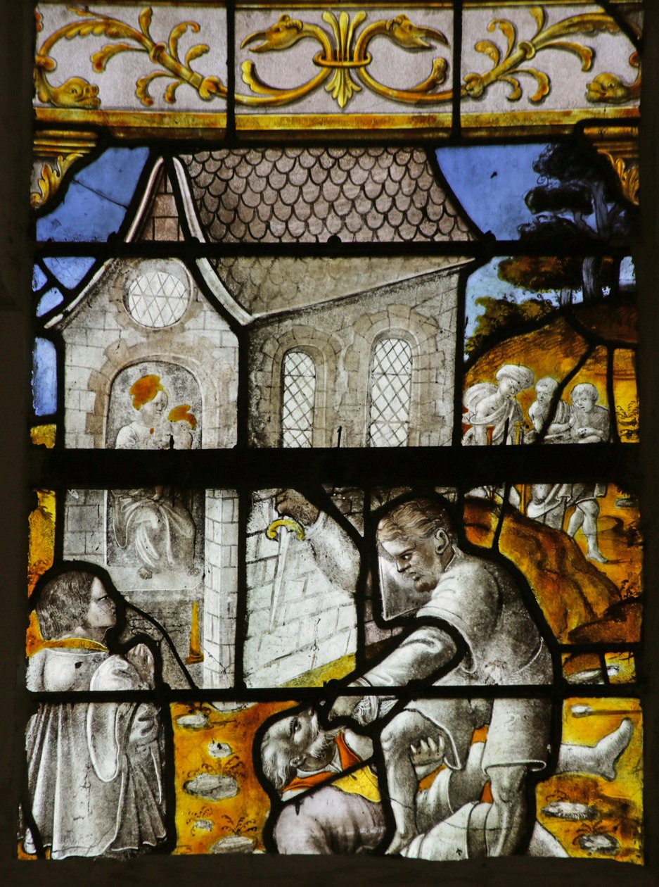 Janela retratando a lenda de Notre Dame de Lorette: a Virgem parando um assassino na frente de sua casa de French School