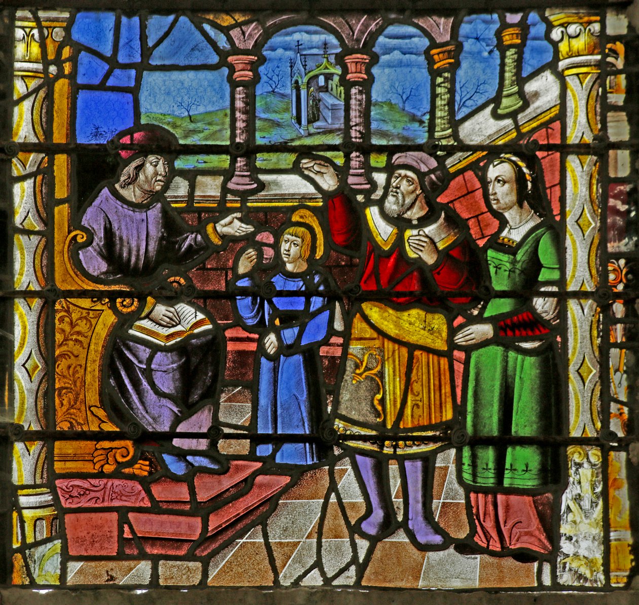 Janela retratando os pais de São Nicolau entregando o santo a um professor de French School