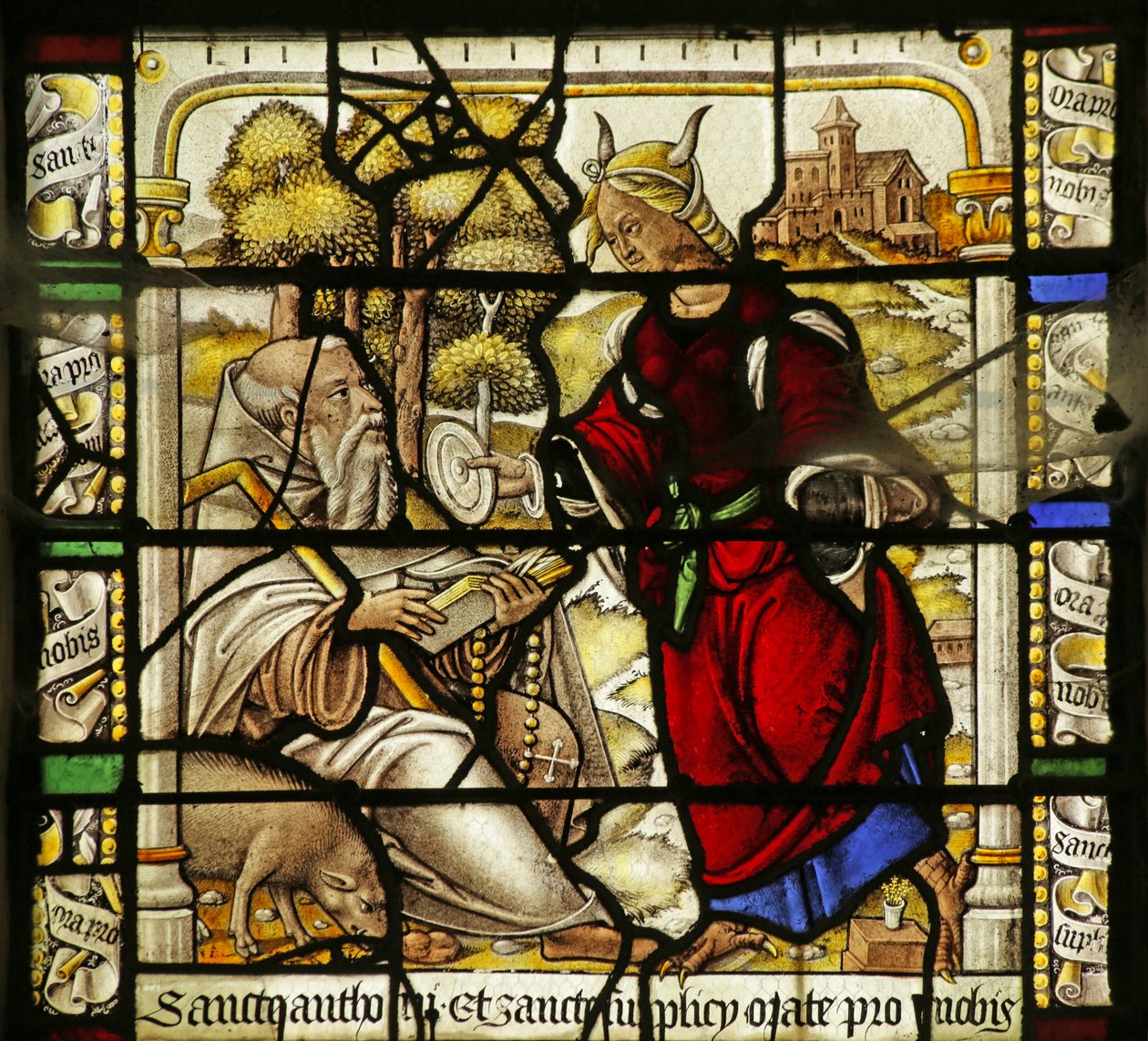Janela retratando a tentação de Santo Antônio de French School