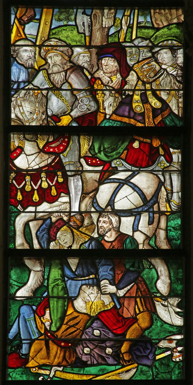 Janela retratando os lotes de fundição para a roupa de Cristo na Crucificação, detalhes de 2921604 de French School