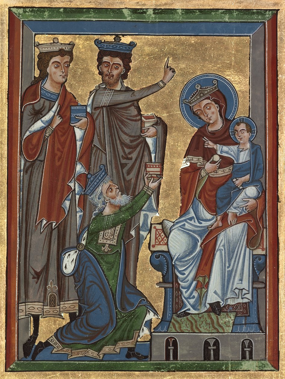 Adoração dos Magos from Psalter Ms 4, c.1240 (têmpera, folha de ouro e tinta no pergaminho) de German School