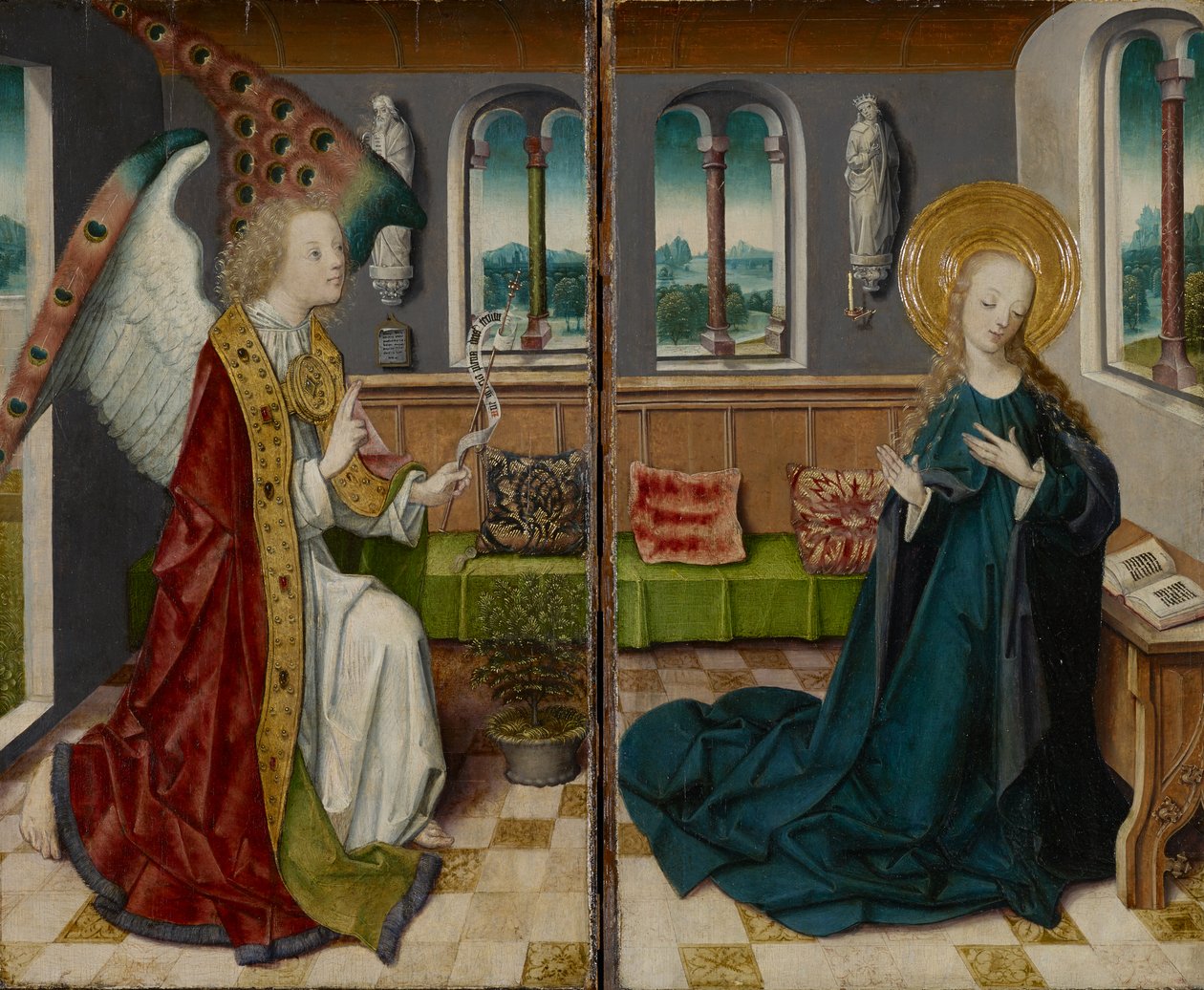 A Anunciação, 1490 (mídia mista sobre madeira) de German School