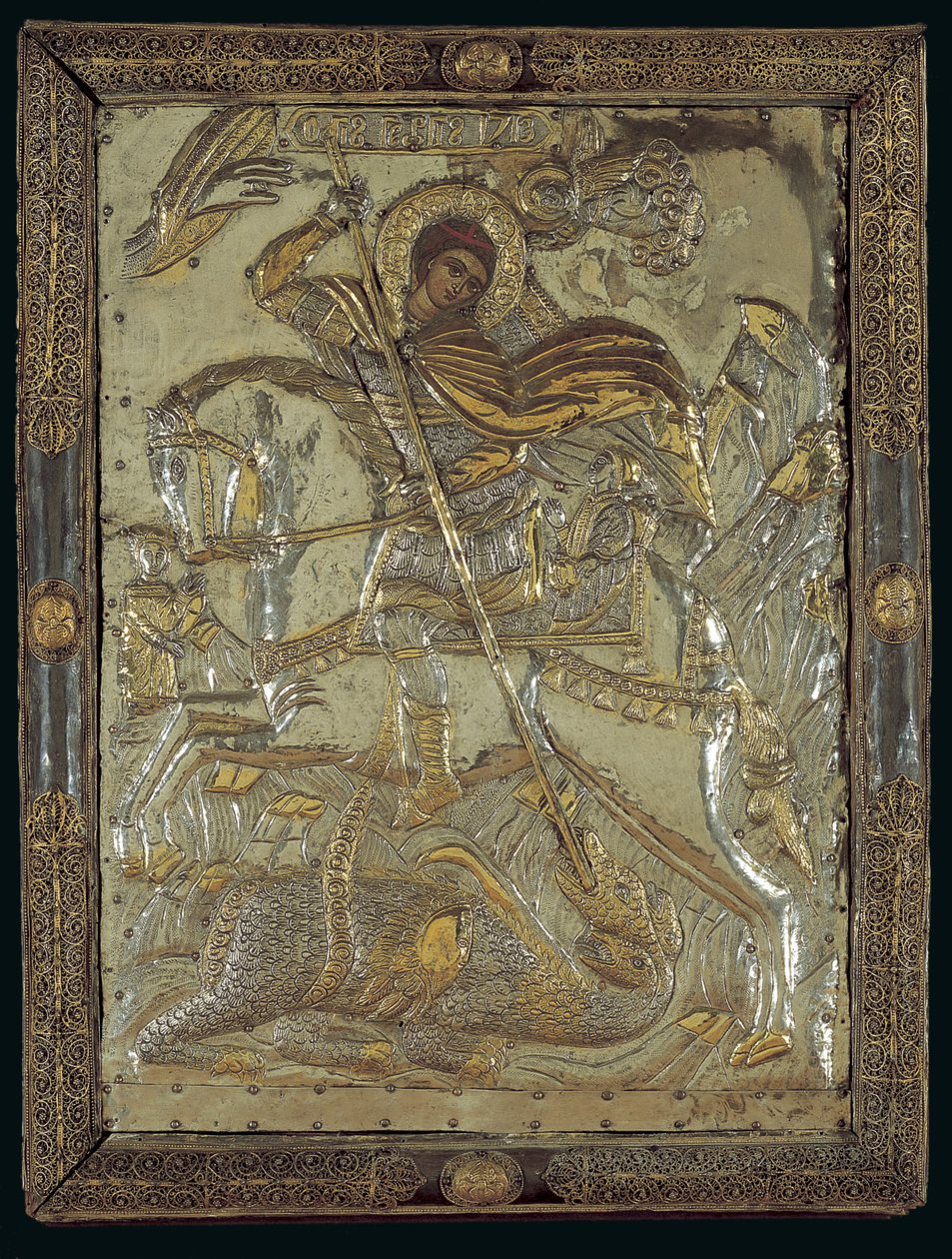 Ícone de São Jorge Matando um dragão de três cabeças, 1713 (prata dourada sobre madeira) de Greek School