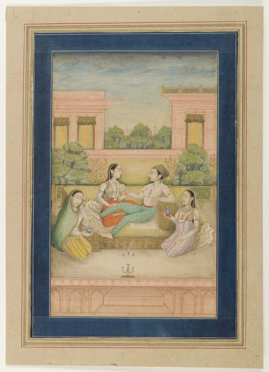 Um príncipe e seu consorte em um terraço, c.1800 (wc opaca no papel) de Indian School