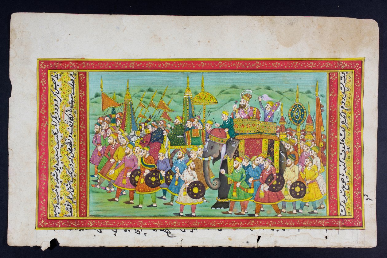 Um dignitário monta nas costas de um elefante em um howdah assistido por um mahout ou motorista de elefante, pintura em miniatura de Rajasthani (wc no papel) de Indian School