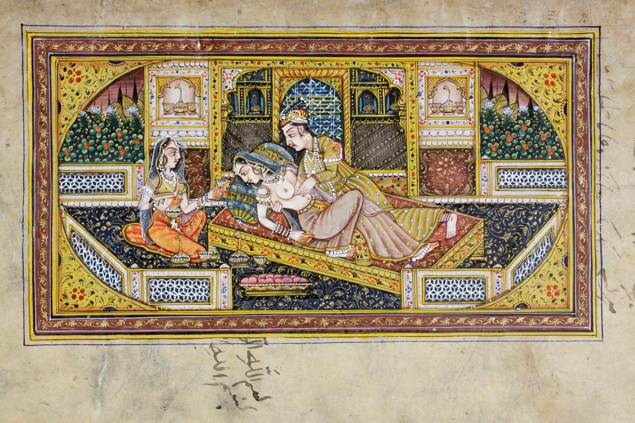 Um, homem, cortes, um, mulher, em, um, boudoir, cena, rajasthani, miniatura, quadro, (wc, ligado, paper) de Indian School