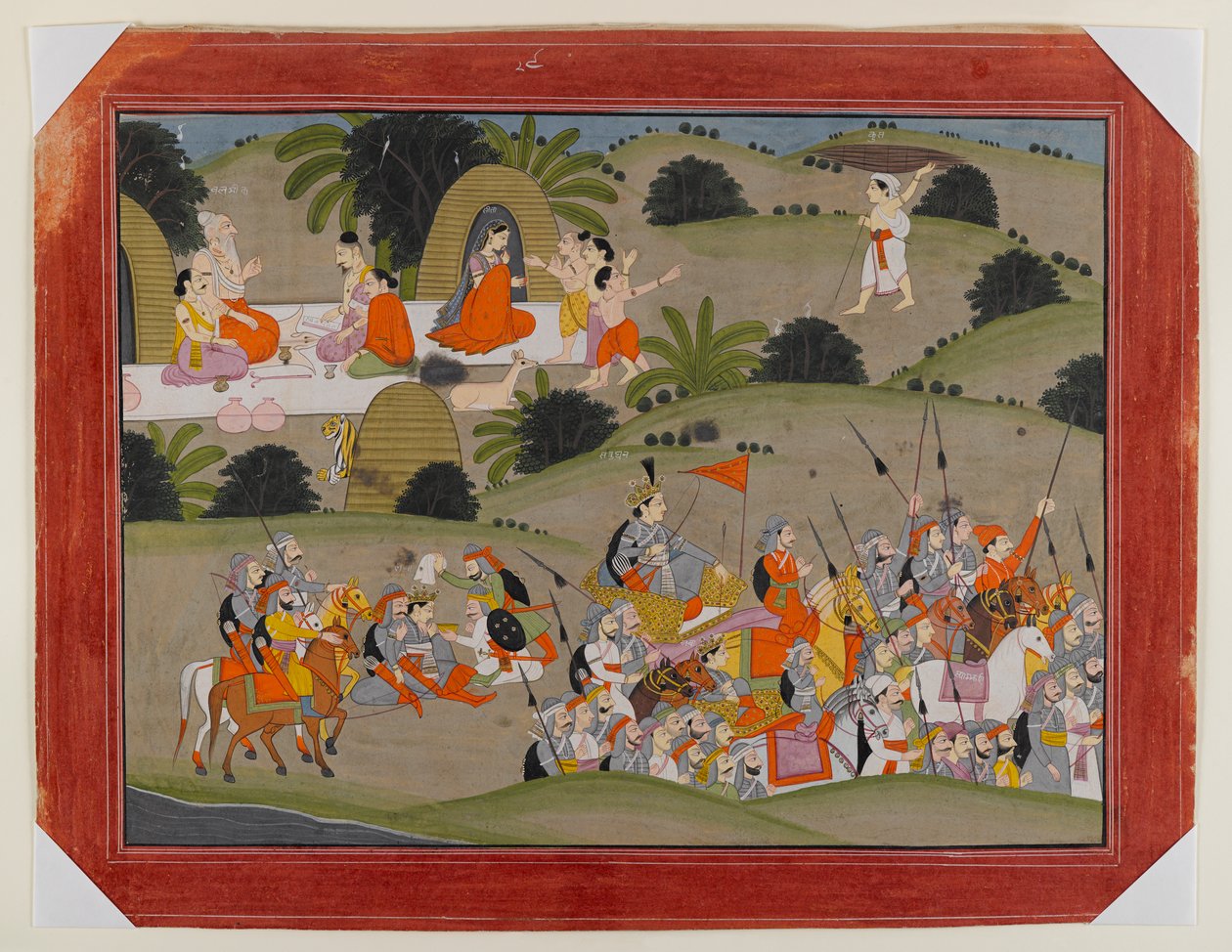 Batalha entre Lava e Ramas irmão, Shatrughna, perto do eremitério de Valmiki, Page de uma série dispersa Ramayana, c.1820 (wc opaca e ouro no papel) de Indian School