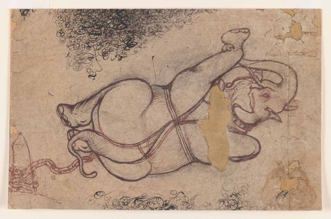 Elefante acorrentado, c.1780 (vermelho e preto no papel) de Indian School