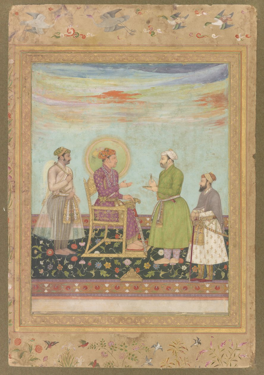 Jahangir com Asaf Khan e Shayista Khan, do Late Shah Jahan Album, c.1650 (wc, tinta e ouro no papel) de Indian School