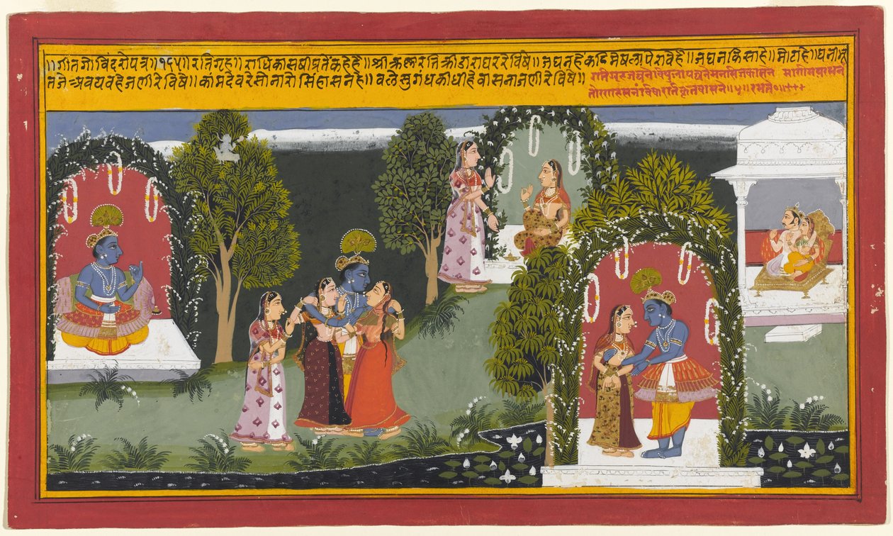 Kama e Rati Testemunham a Reunião de Krishna e Radha, Page de uma Série Gita Govinda, 1714 (wc opaca e ouro sobre papel) de Indian School