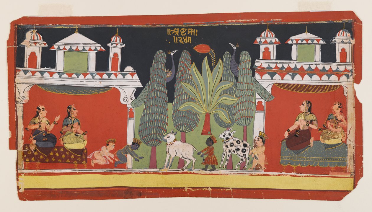 Krishna e Balarama como crianças, c.1690 (wc opaca e ouro no papel) de Indian School