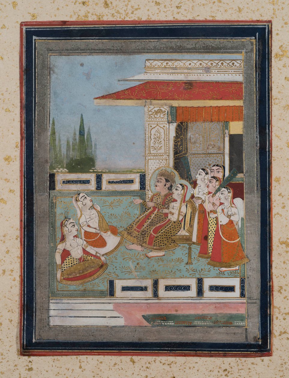 Príncipe e Princesa ouvindo músicos, c.1840 (guache sobre papel, enfeite de ouro) de Indian School