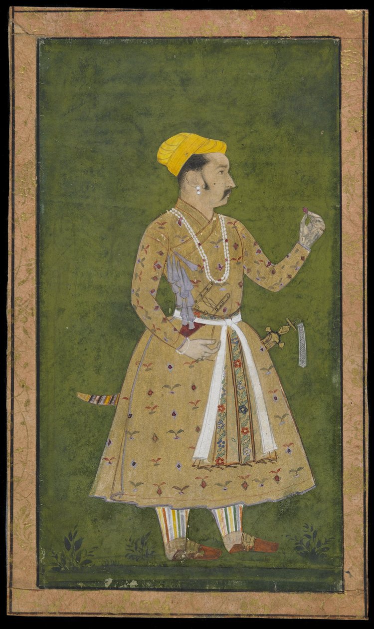 Príncipe segurando uma flor, destacado álbum folio com pintura, c.1740 (aquarela opaca e ouro sobre papel) de Indian School