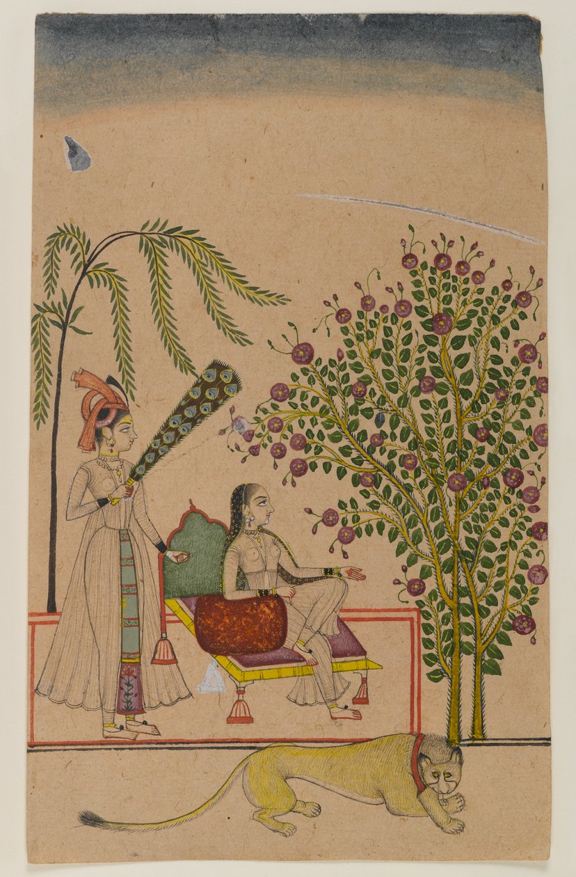 Princesa sentada com atendente e Leão, c.1750 (wc opaca sobre papel) de Indian School