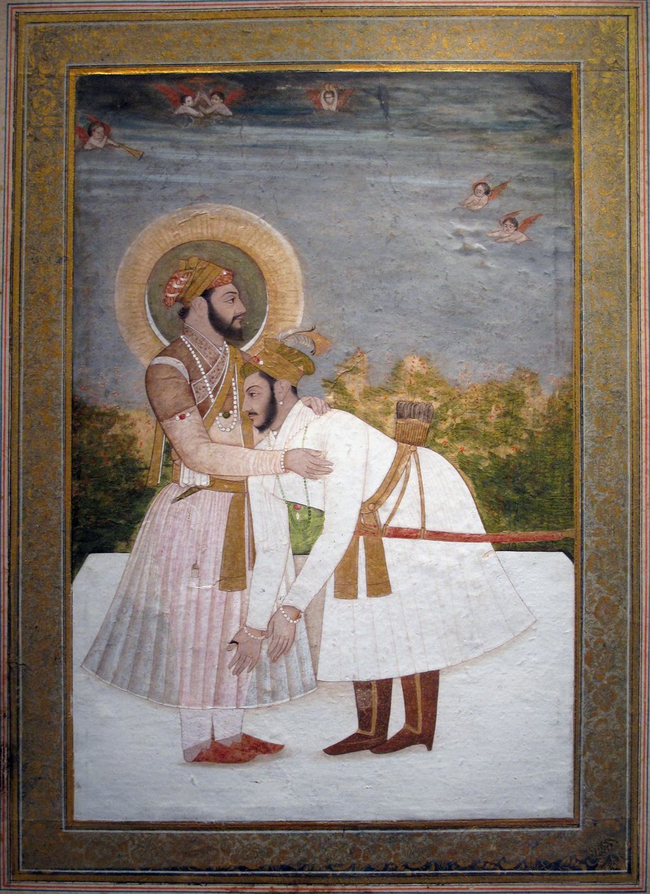 Shah Jahan abraçando seu filho Aurangzeb, c.1750 (guache e ouro) de Indian School