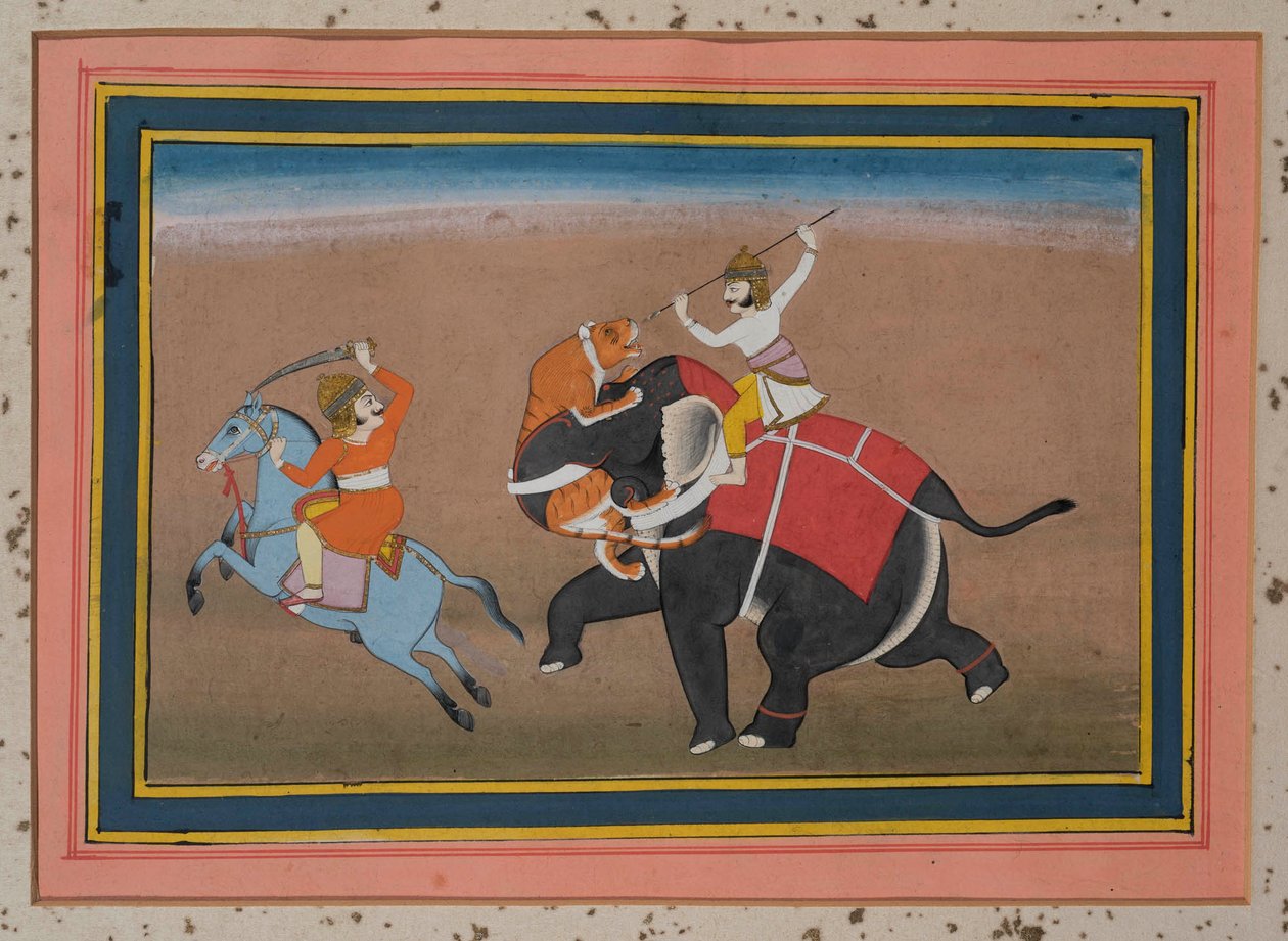 Tigre atacando um elefante (guache sobre papel, enfeite de ouro) de Indian School