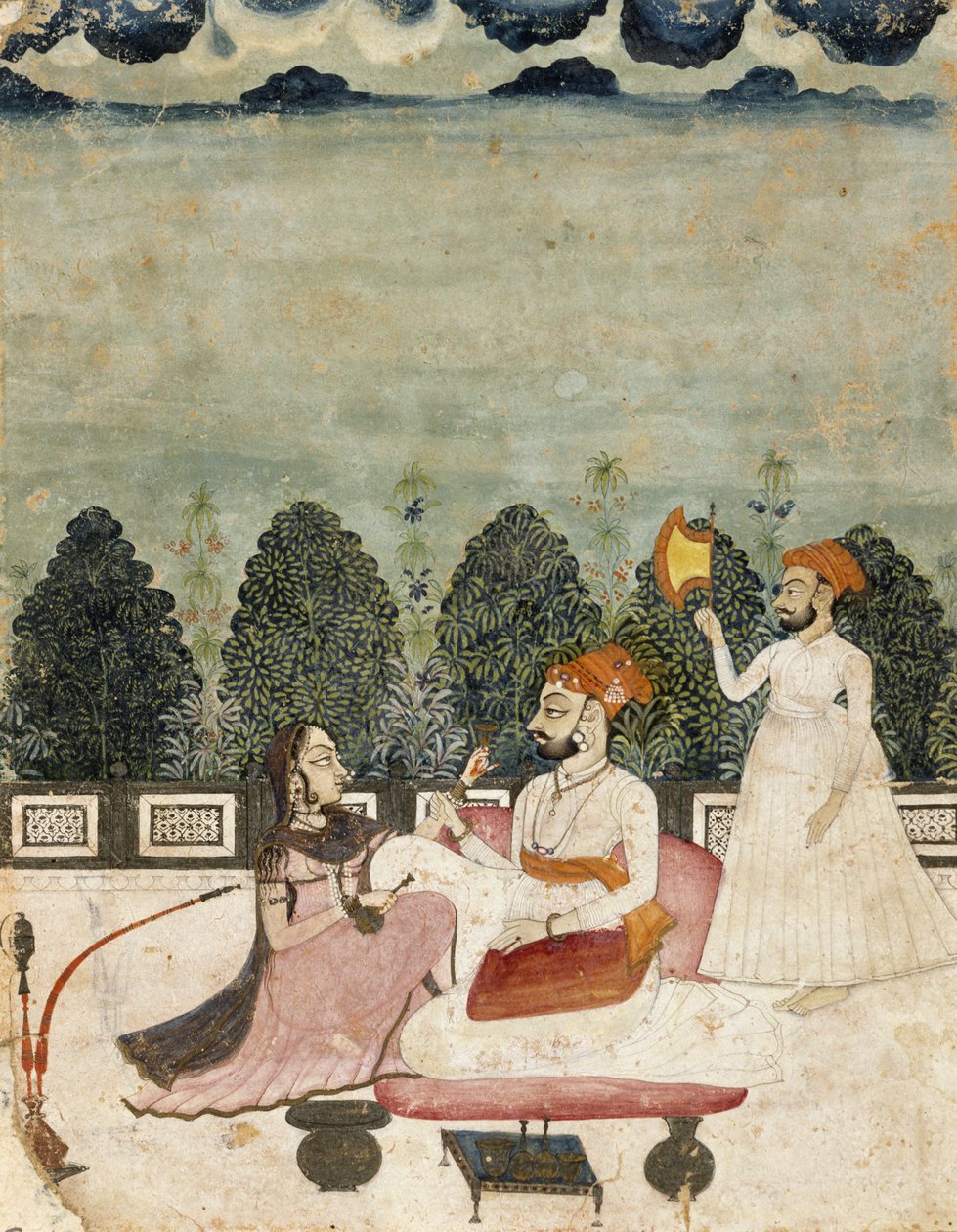 Untitled (dois homens e mulher no terraço), 1700 (tempera sobre papel) de Indian School