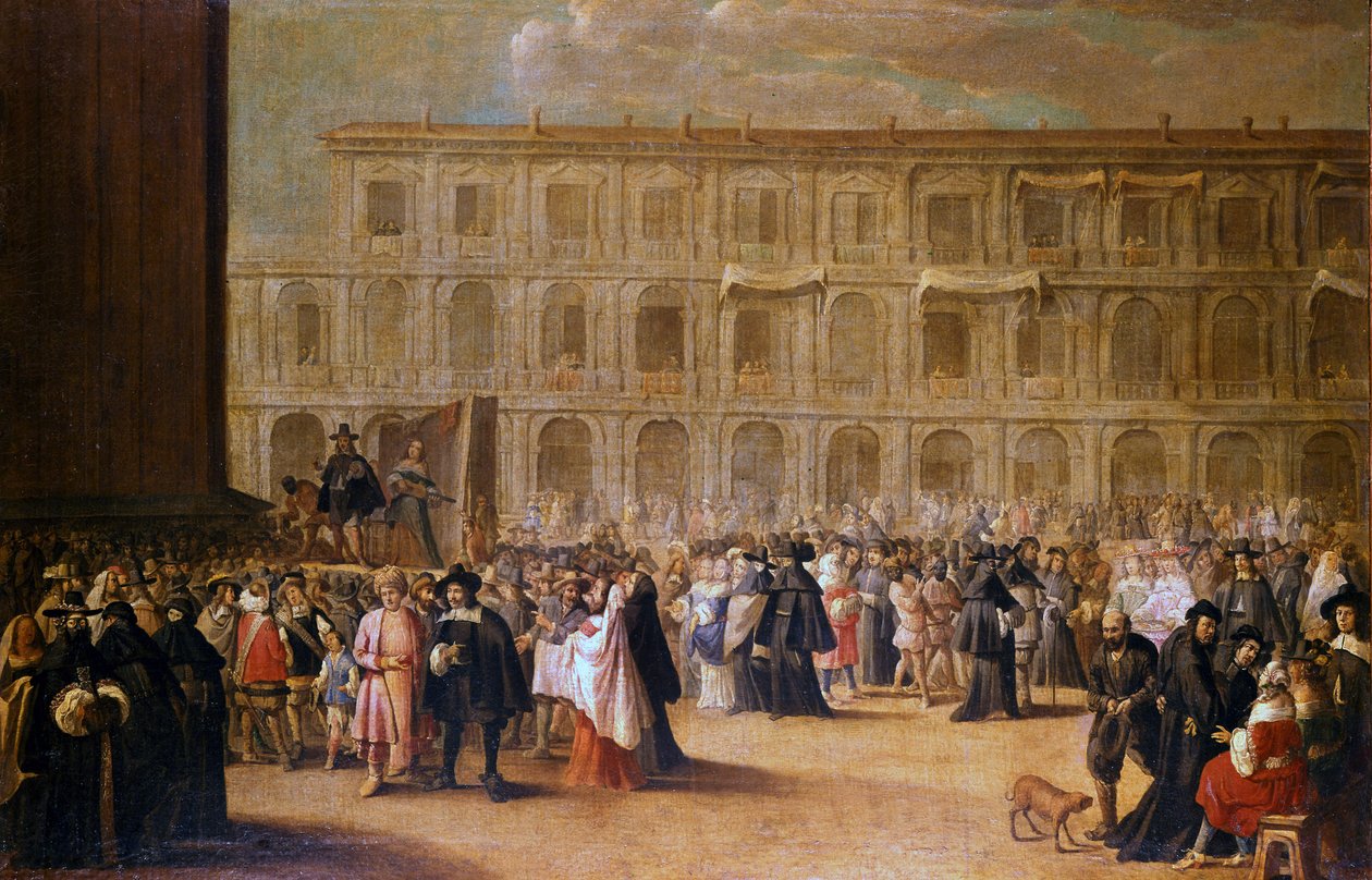 Atores em frente a uma representação da Praça de São Marcos de Italian School