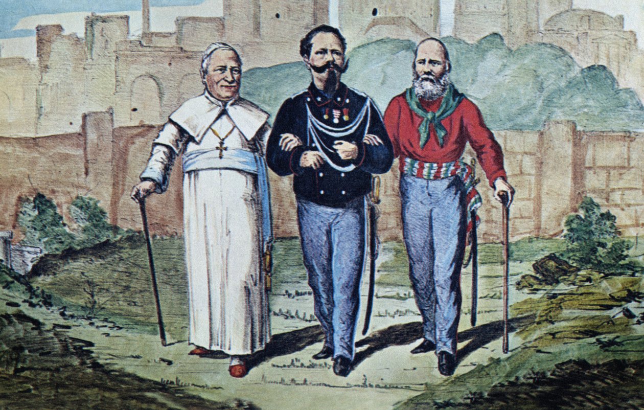 A perfeita trindade: Papa Pio IX, Victor Emmanuel II e Garibaldi, 1870 (impressão em aquarela) de Italian School