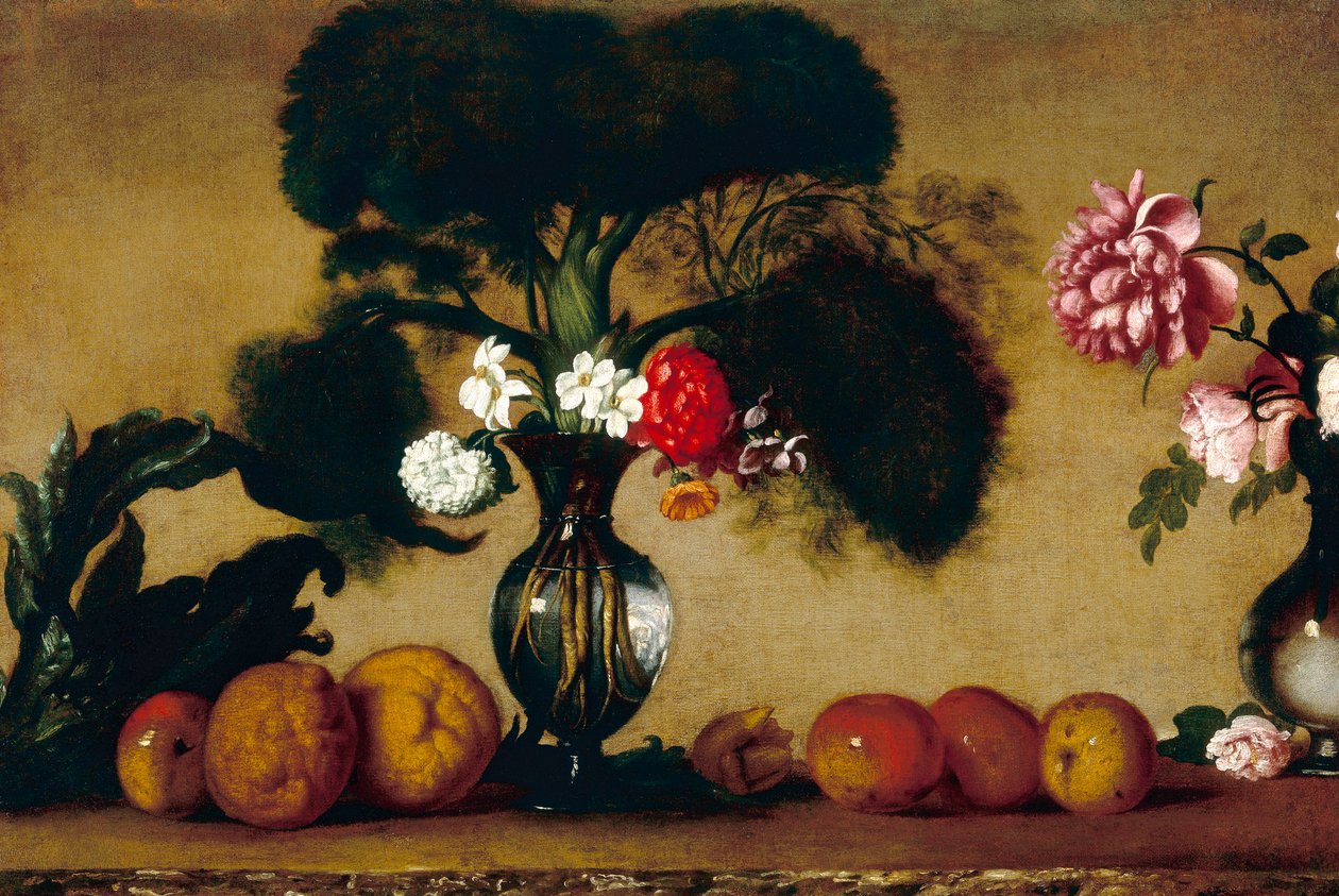 Dois vasos, com flores, frutas e uma alcachofra de Italian School
