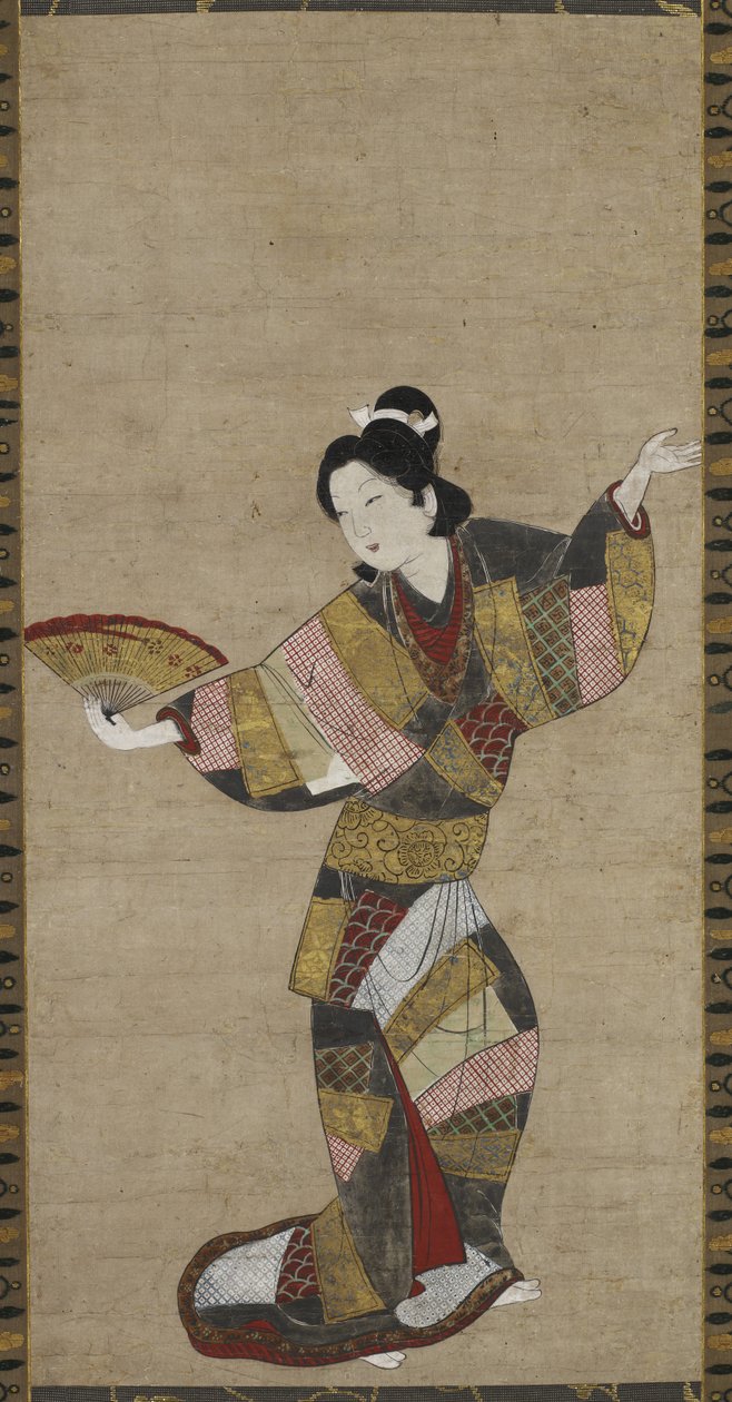 Dançarino com Fan, c. 1640-1650 (tinta, cor, ouro e casca branca no papel) de Japanese School