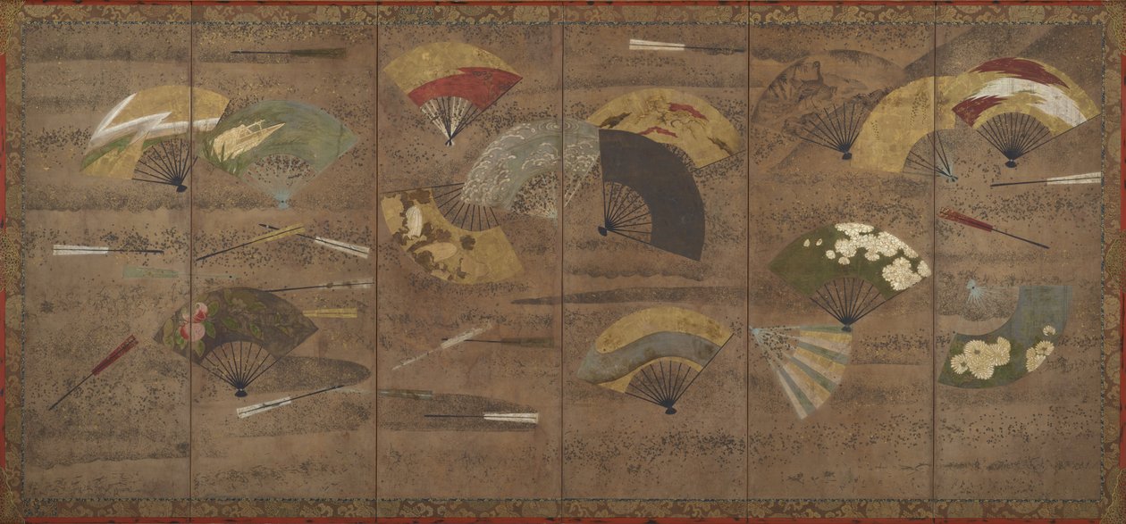 Fãs Decorados, Telas (seis painéis), início do século XVII (cor, tinta e ouro sobre papel) de Japanese School