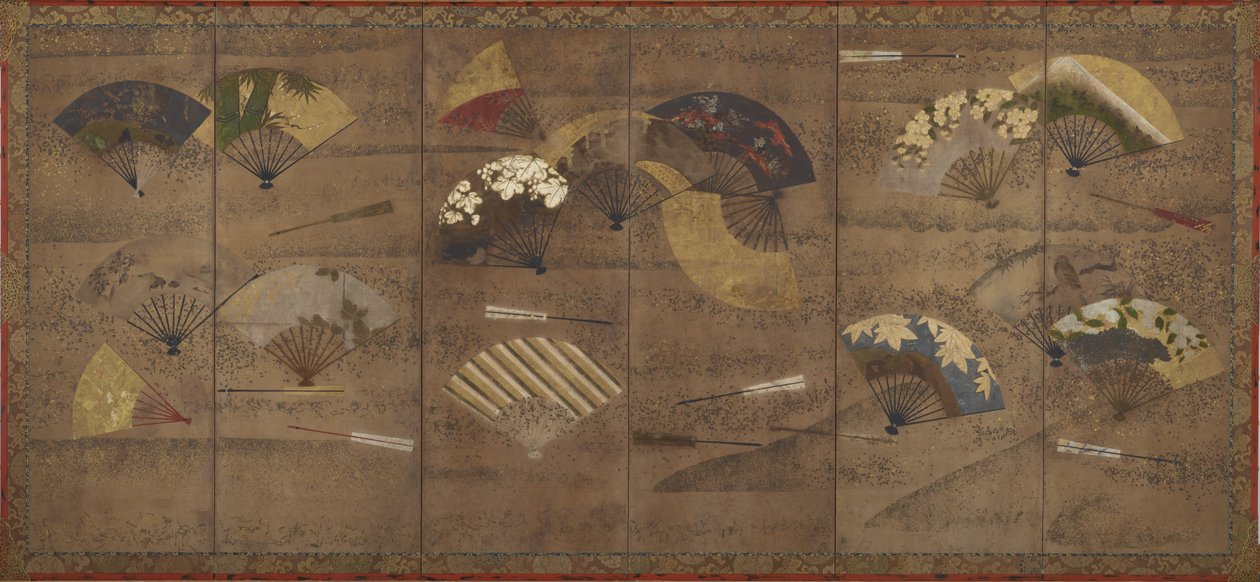 Fãs Decorados, Telas (seis painéis), início do século XVII (cor, tinta e ouro sobre papel) de Japanese School