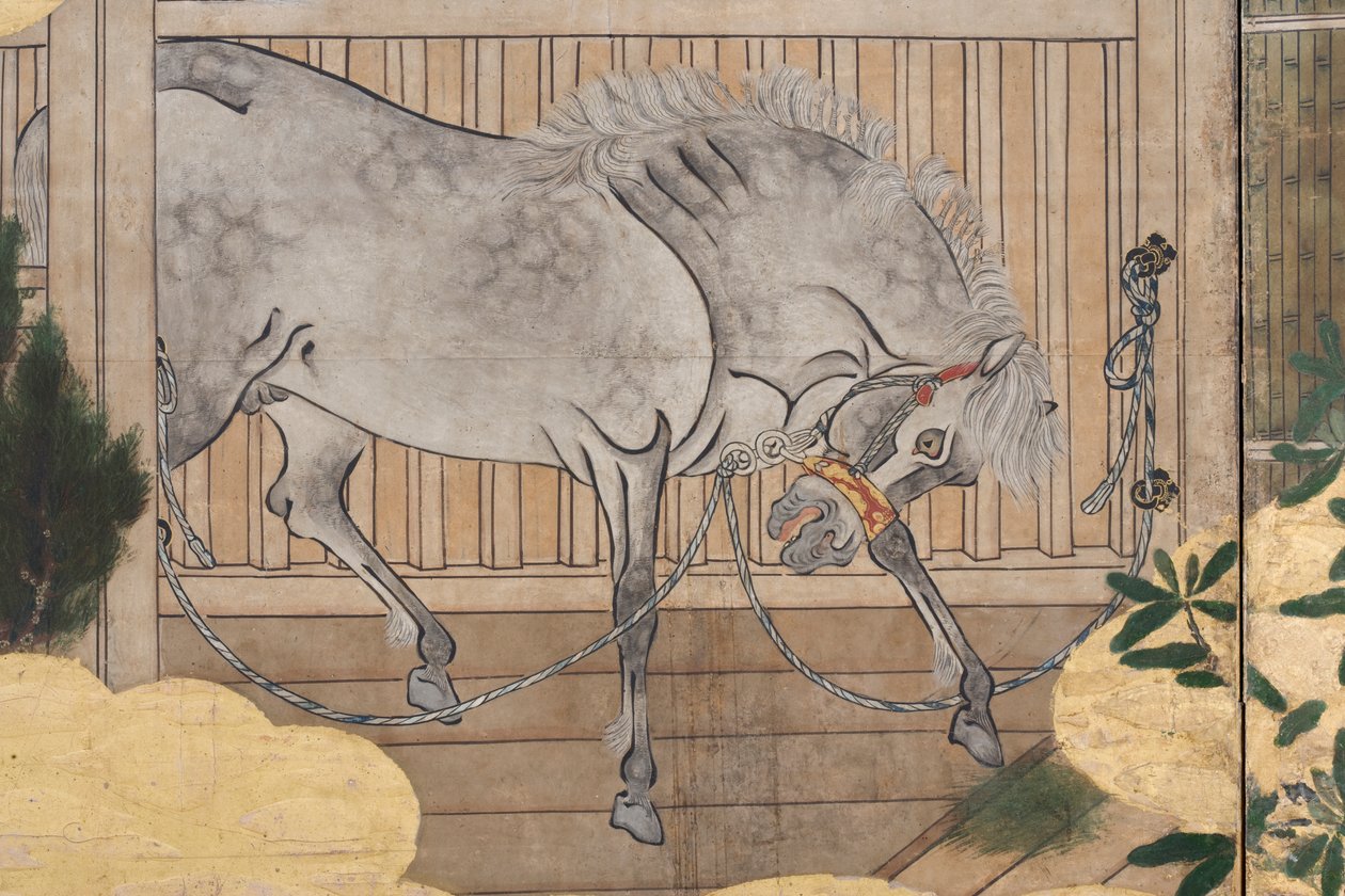 Detalhe da Primavera no Palácio, tela de seis dobras do conto de Genji, c.1650 (tinta, cores e ouro sobre papel) de Japanese School