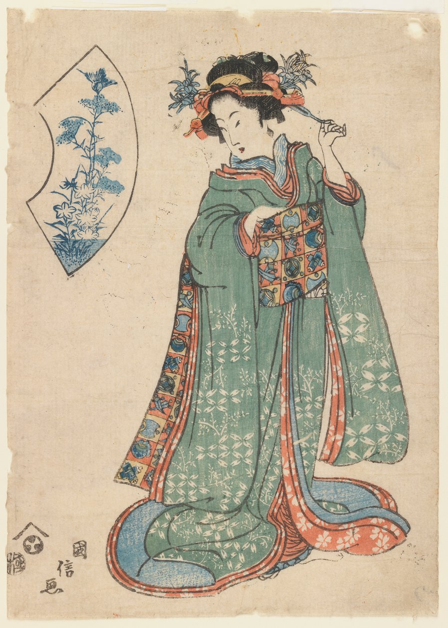 Kuninobu, uma mulher que fixa seu ornamento do cabelo, c.1815-1820 (impressão do woodblock) de Japanese School