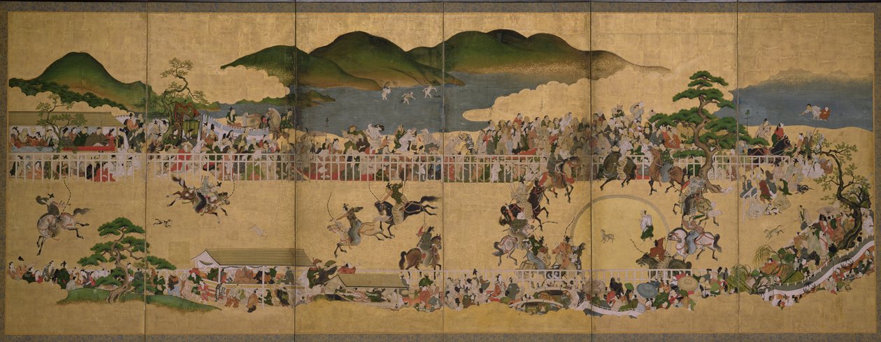 Tela de seis vezes representando um concurso de perseguição de cães, japonês, 1624-43 (tinta, tinta e ouro sobre papel) de Japanese School