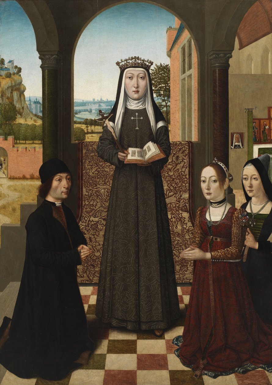 Santa Catarina de Bolonha com Três Doadores, c.1470-80 de Master of the Baroncelli Portraits
