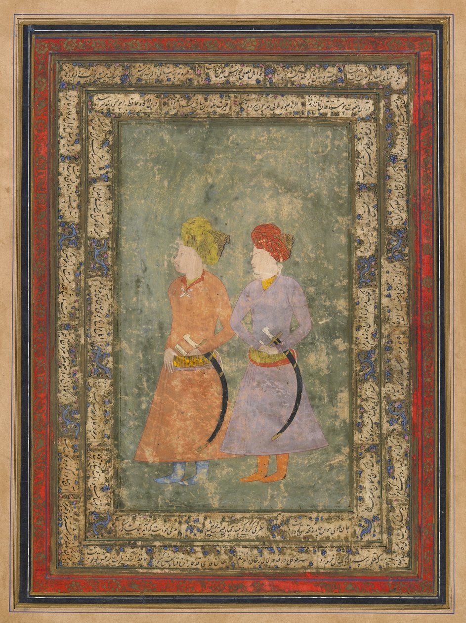 Dois nobres persas, destacado álbum folio com pintura, meados do século XVII (aquarela opaca, tinta e ouro sobre papel) de Mughal School