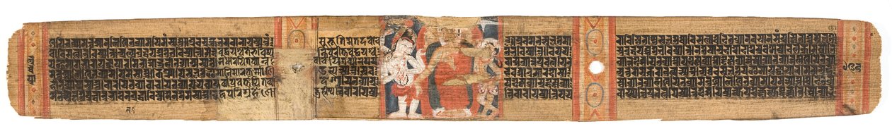 Folio 126b Budas Descida do Céu, da Astasahasrika Prajnaparamita (tinta e cores em folhas de palmeira e madeira) (para detalhes ver 430763) de Nepalese School