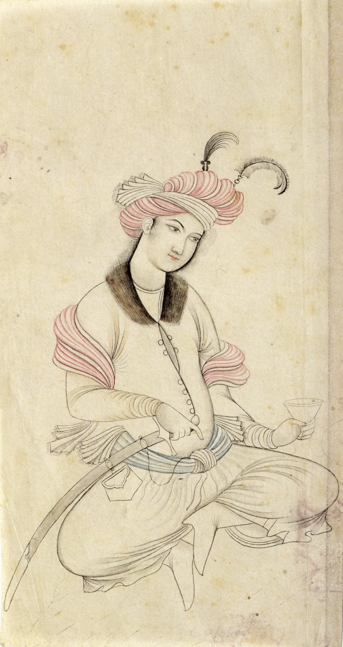 Um jovem persa, segurando uma taça de vinho com a outra mão no punho de sua espada, depois de um original do início do século XVII de Isfahan, c.1825-35 (caneta, tinta e papel) de Persian School