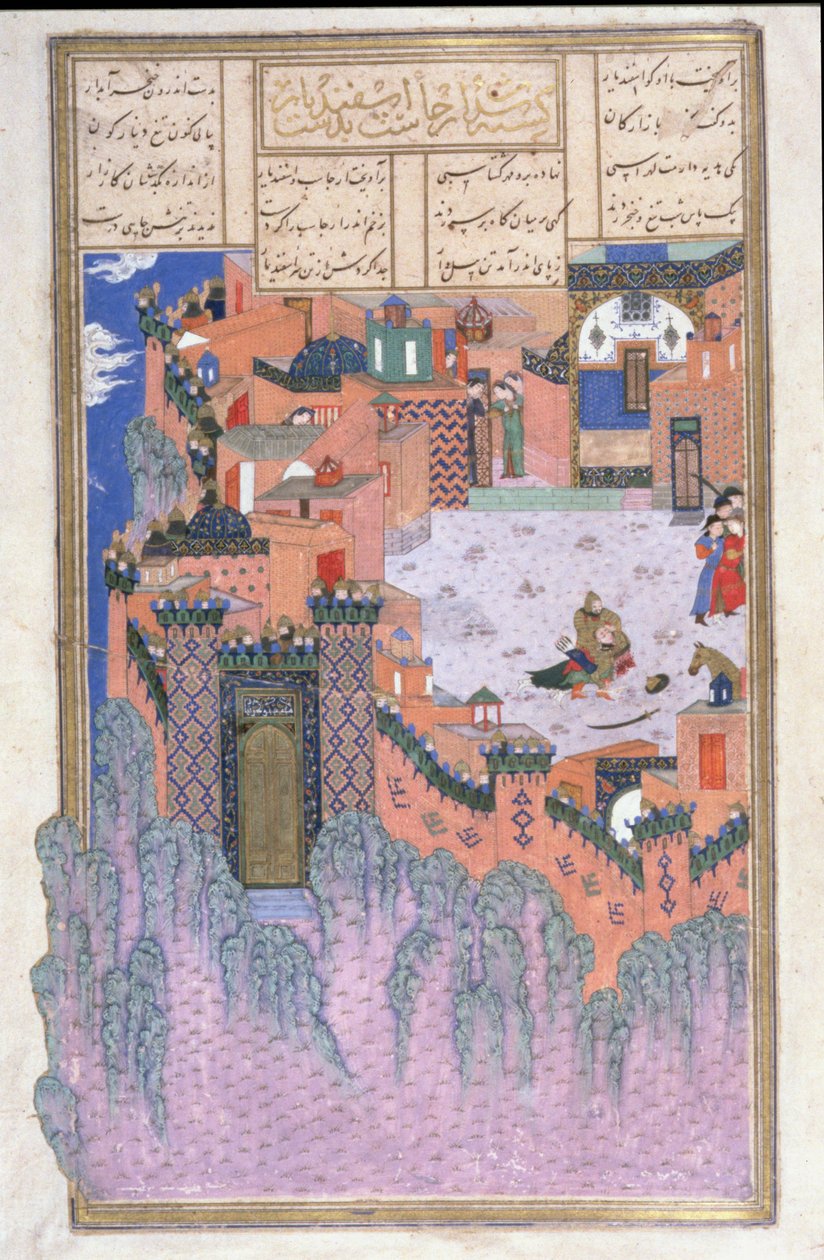 Arjasp Assassinado por Isfandiyar na Fortaleza de Bronze, ilustração do Shahnama (Livro dos Reis), de Abul-Qasim Manur Firdawsi (c.934-c.1020) c.1440-45 (caneta, tinta & wc em pergaminho) de Persian School