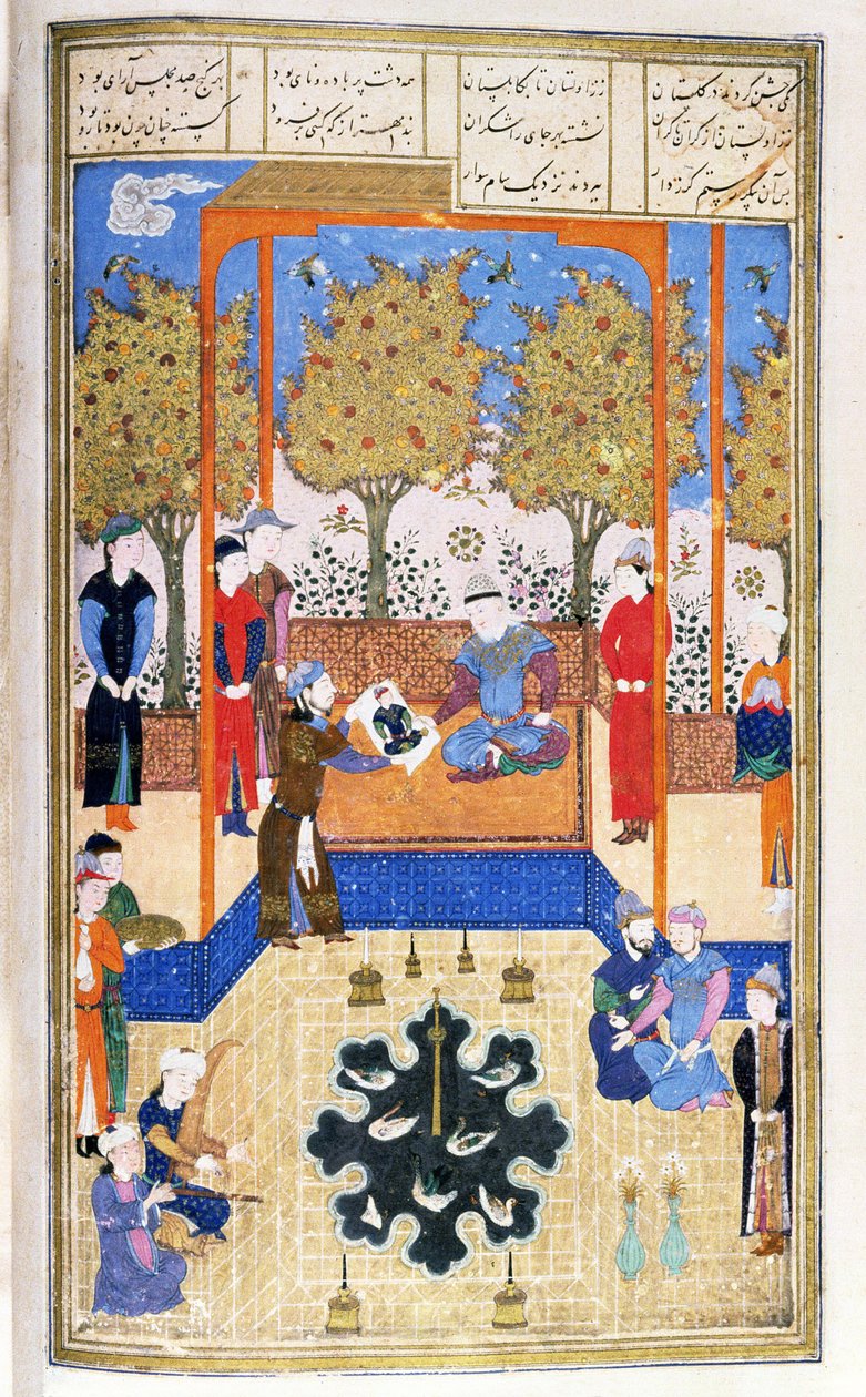 Retrato da criança, Rustam mostrado para seu avô Sam, ilustração do Shahnama (livro dos reis), por Abul-Qasim Manur Firdawsi (c.934-c.1020) c.1440-45 (caneta, tinta & ouro em pergaminho ) de Persian School