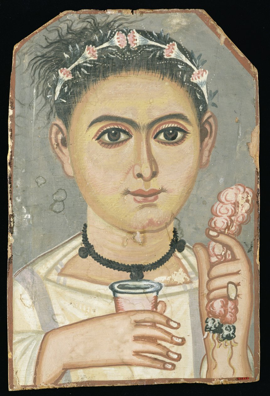 Retrato de uma pessoa jovem: menino com uma guirlanda floral no cabelo, possivelmente de Er-Rubiyat, Faiyum, Egito, c.200-230 (têmpera sobre madeira) de Roman