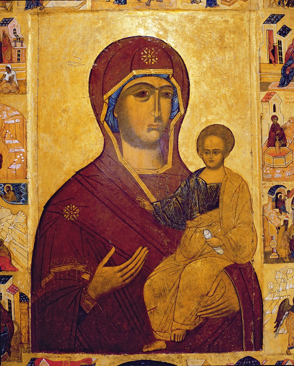 Ícone representando a Virgem e o Menino, c.1550 (têmpera e folha de ouro no painel) (detalhe de 314500) de Russian School