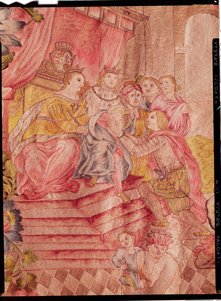 Cristóvão Colombo (1450-1506), antes de Ferdinand II (1452-1516) de Aragão, em seu retorno da descoberta da América (bordados de seda) de Spanish School