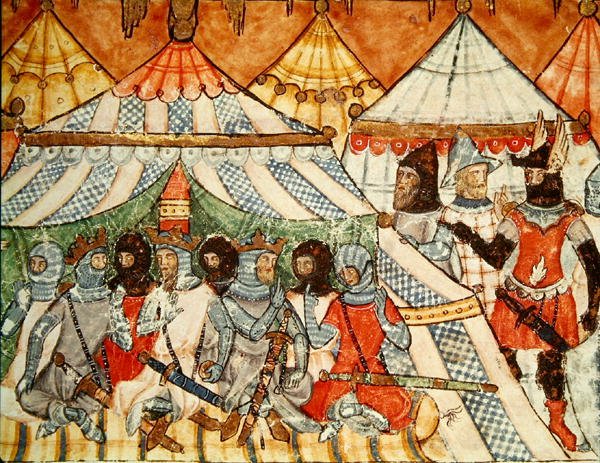 Fol.115r Calchas persuadindo os gregos a não marchar sobre Tróia, do Codex Benito Santa Mora de Spanish School