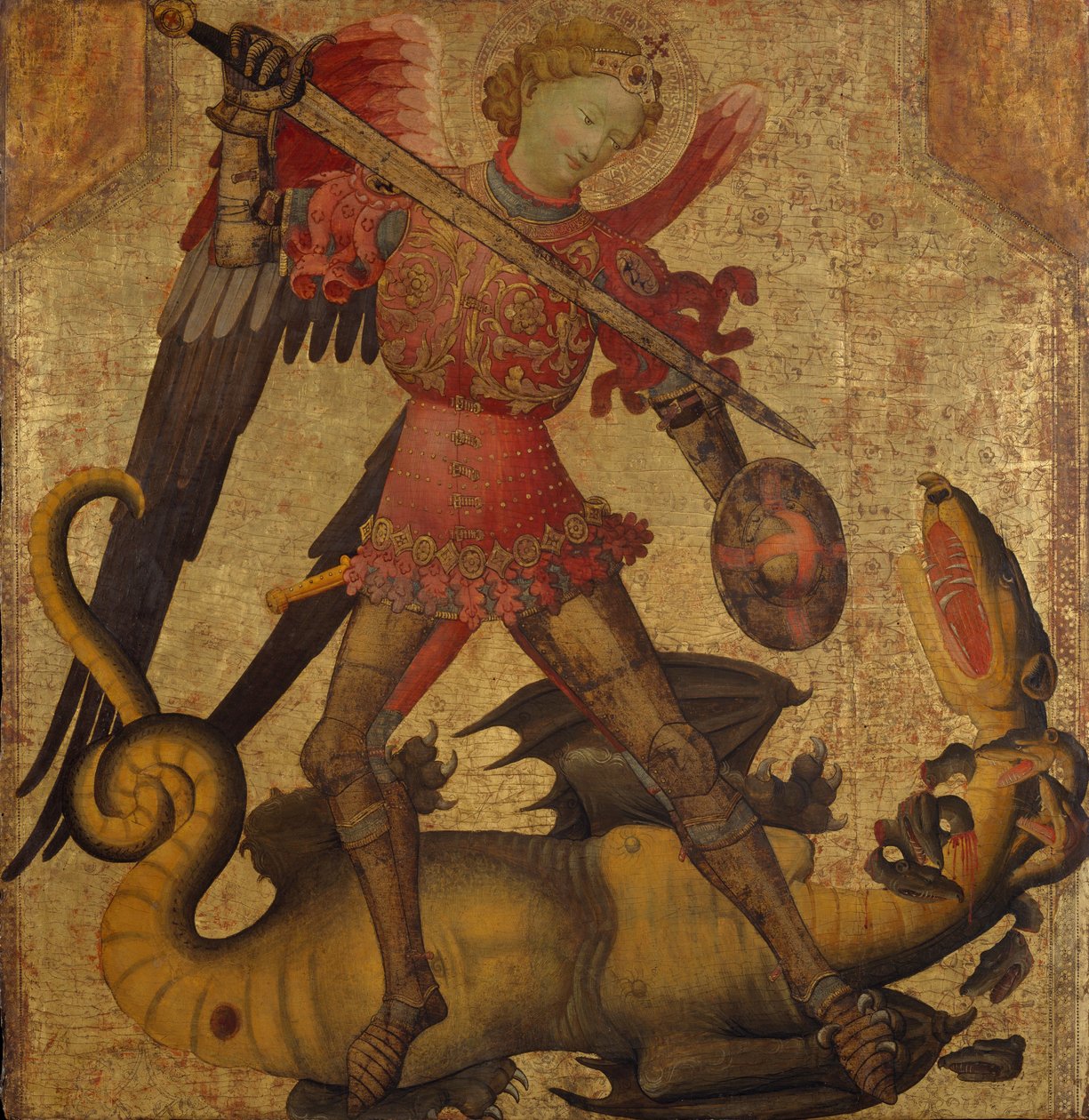 São Miguel e o Dragão, c.1405 (têmpera sobre madeira, chão de ouro) de Spanish School