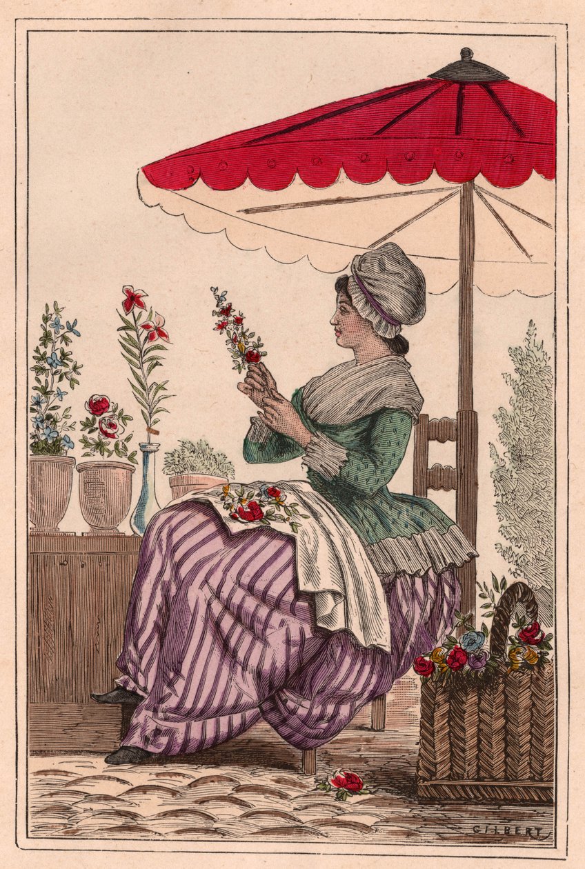 Um, menina flor, sentando, sob, um, guarda-chuva, fazer, buquês, de, flores vermelhas, (color, engraving) de Unknown