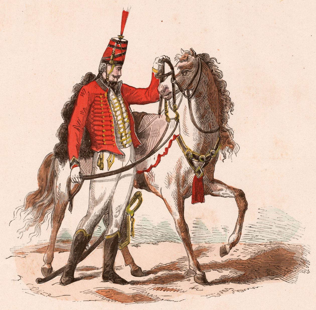 Um hussard francês em seu uniforme de pé ao lado de seu cavalo (gravura de cor) de Unknown