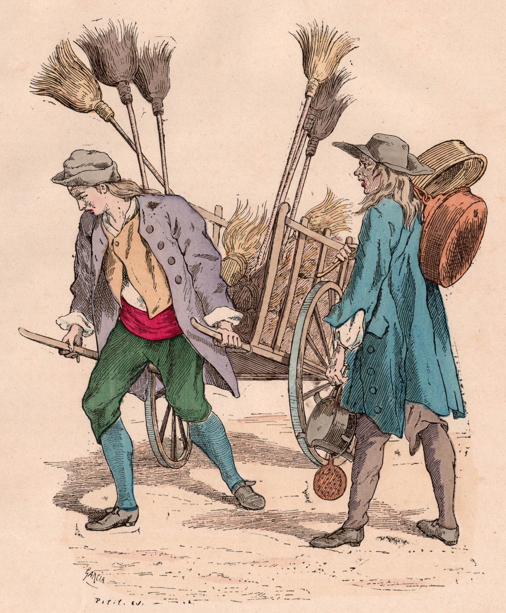 Um vendedor de vassouras e um ferreiro de cobre (gravura a cores) de Unknown